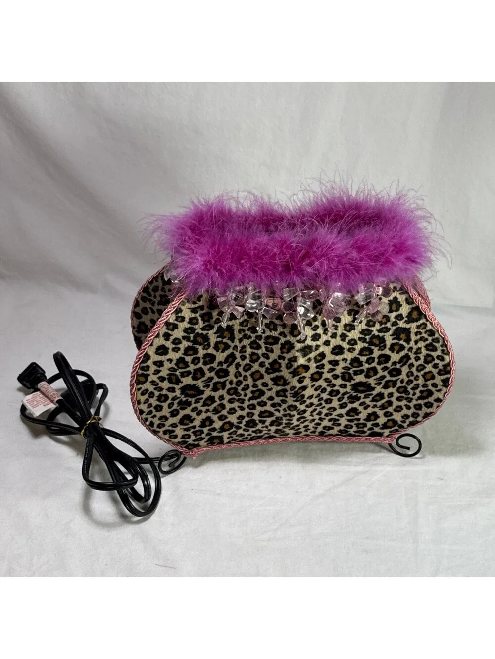 Animal Print Purse Clutch Table Lamp Dangle Beads Leopard Print Pink Faux Fur